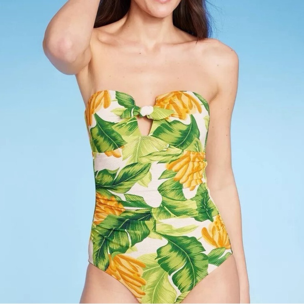 Kona Sol NWT tropical XS flowers leaves strapless bandeau monokini bikini
